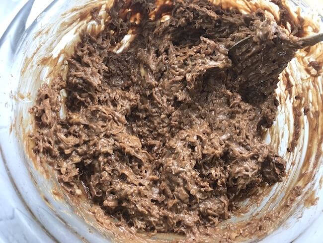Chocolate keto cookie batter in mixing bowl