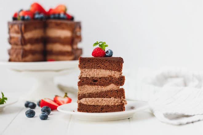A slice of Keto chocolate cake and a cake on a stand
